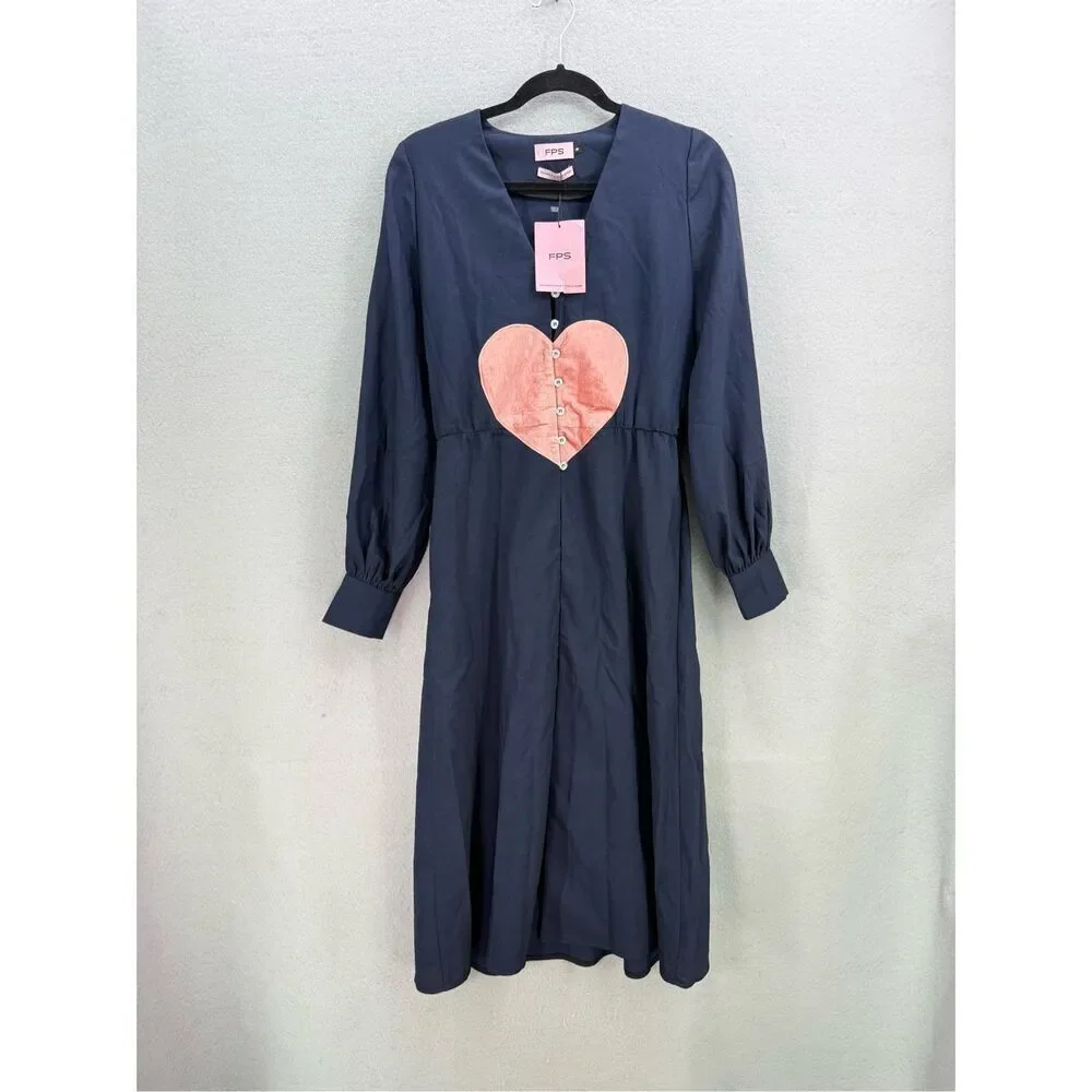 NWT Future Planet of Style FPS Womens Navy Blue Queen of hearts Midi Dress Small - Picture 2 of 10